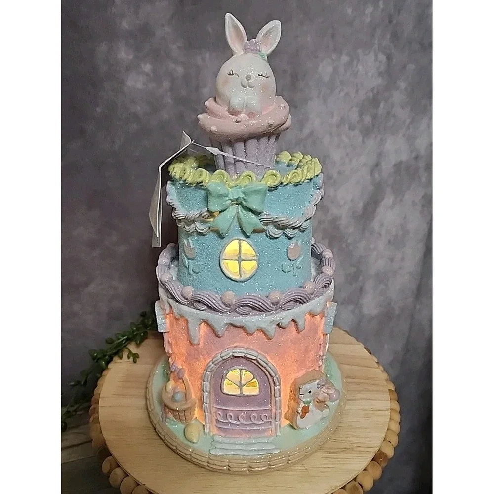 Easter Cake Cupcake Gingerbread House Bunny Pastel LIGHT UP Tabletop Decor 10.5